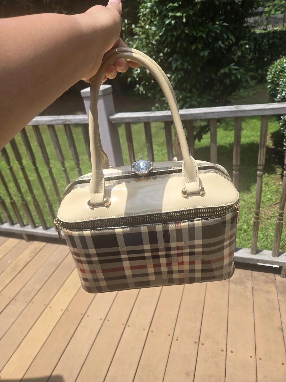 Beige Plaid Structured Top-Handle Bag